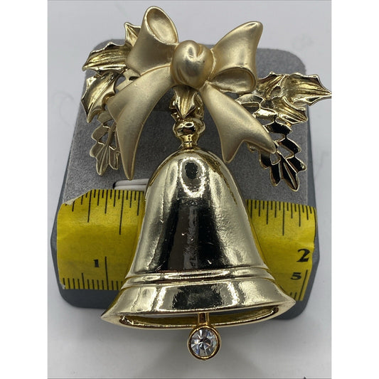 Christmas Bow With Bell Brooch Gold Tone With Rhinestone