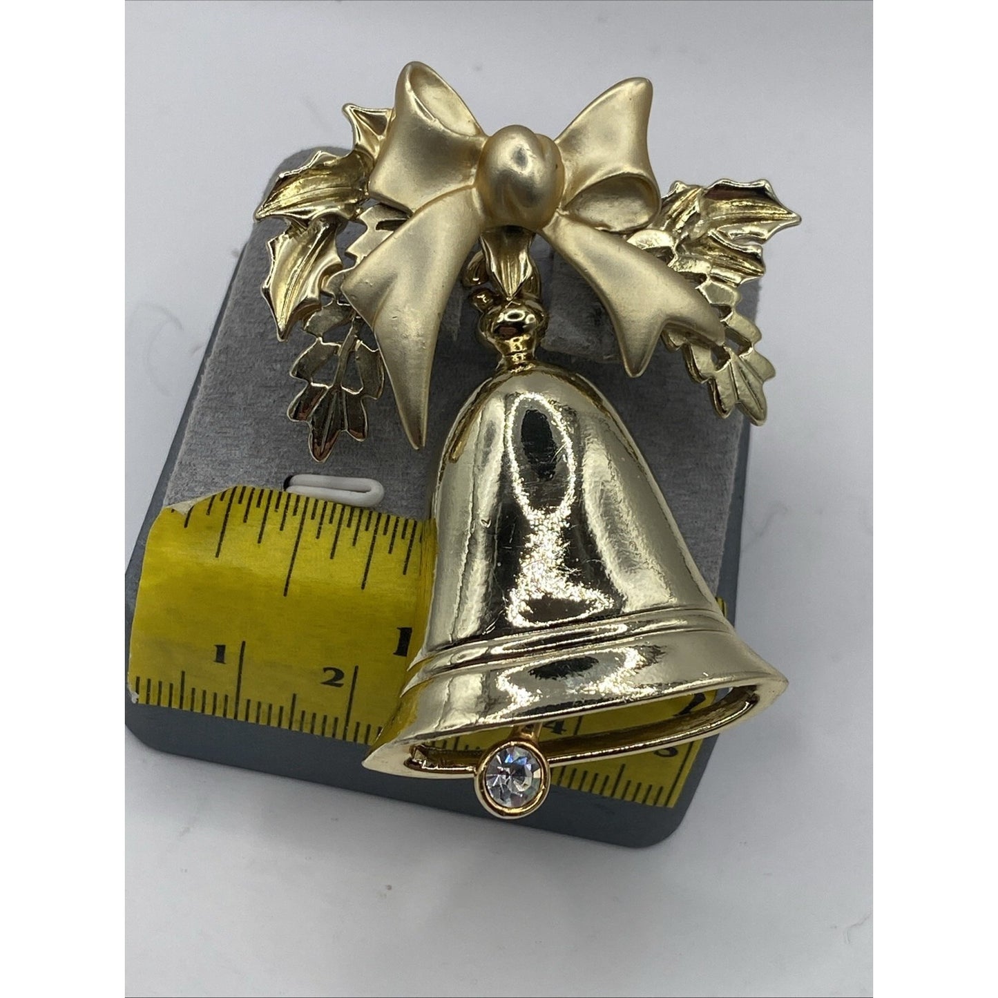 Christmas Bow With Bell Brooch Gold Tone With Rhinestone