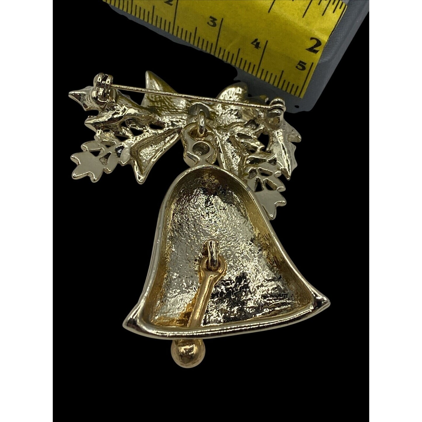 Christmas Bow With Bell Brooch Gold Tone With Rhinestone