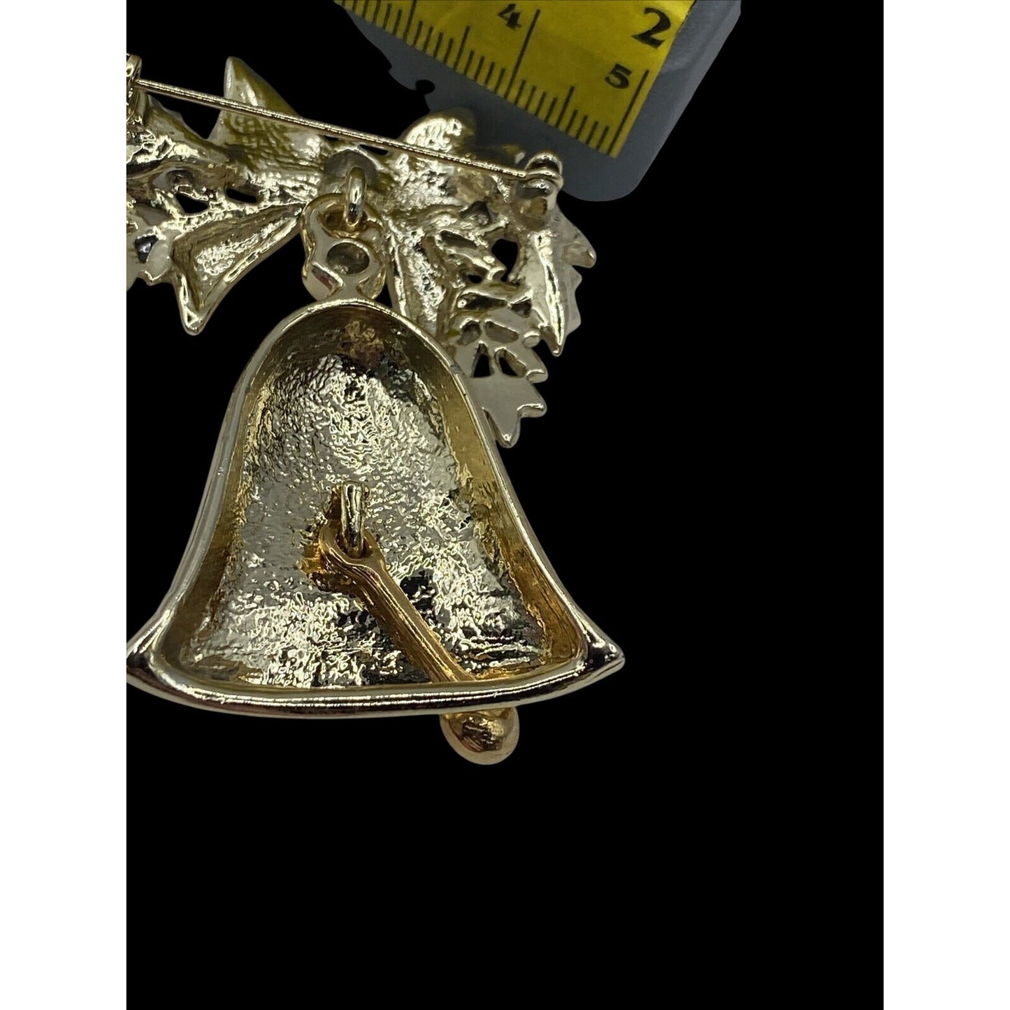 Christmas Bow With Bell Brooch Gold Tone With Rhinestone