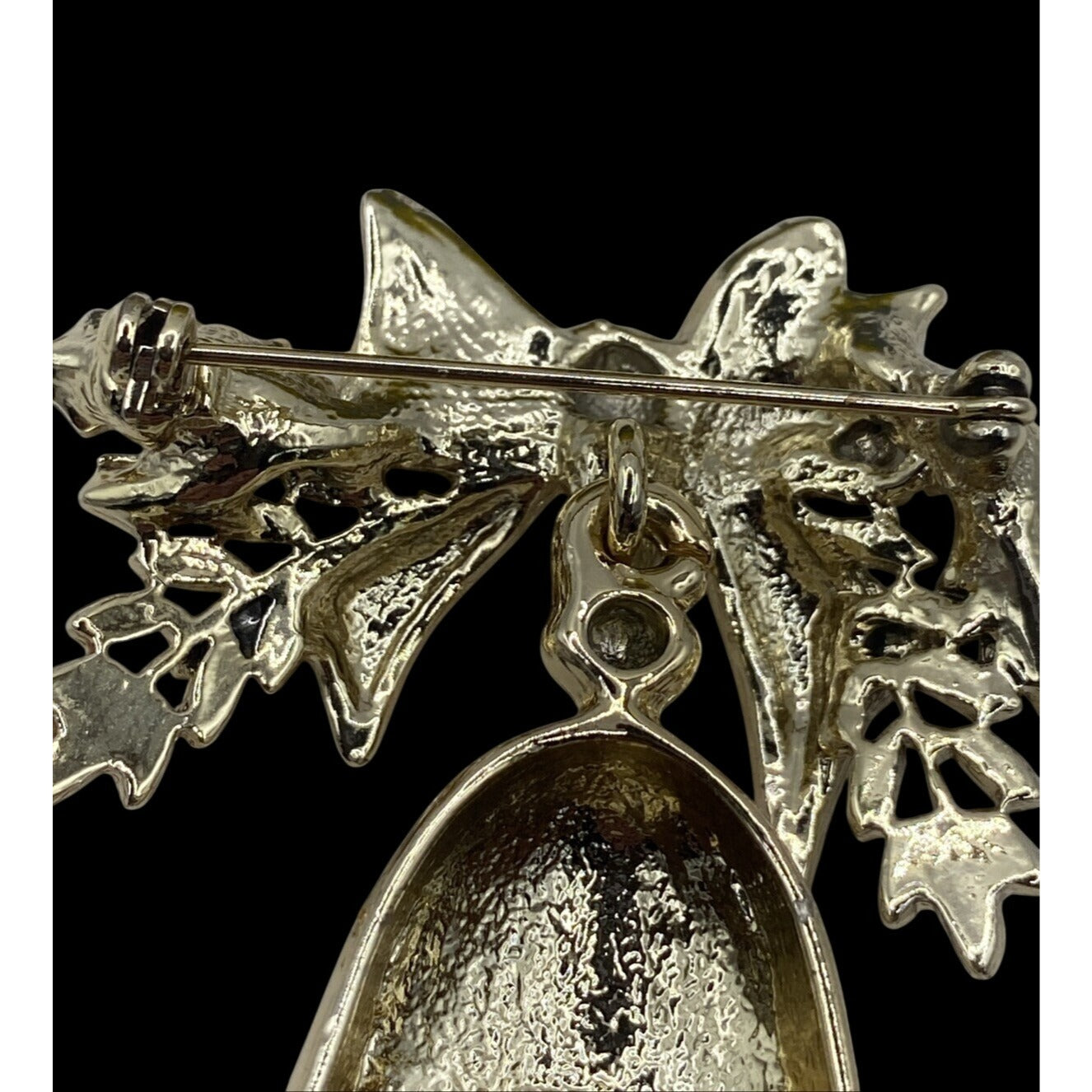 Christmas Bow With Bell Brooch Gold Tone With Rhinestone
