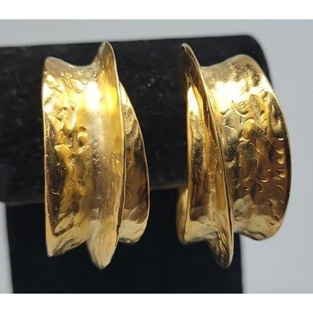 Kenneth Jay Lane Sculptured Brushed Gold Plated Hoop Clip-on Earrings KJL VTG