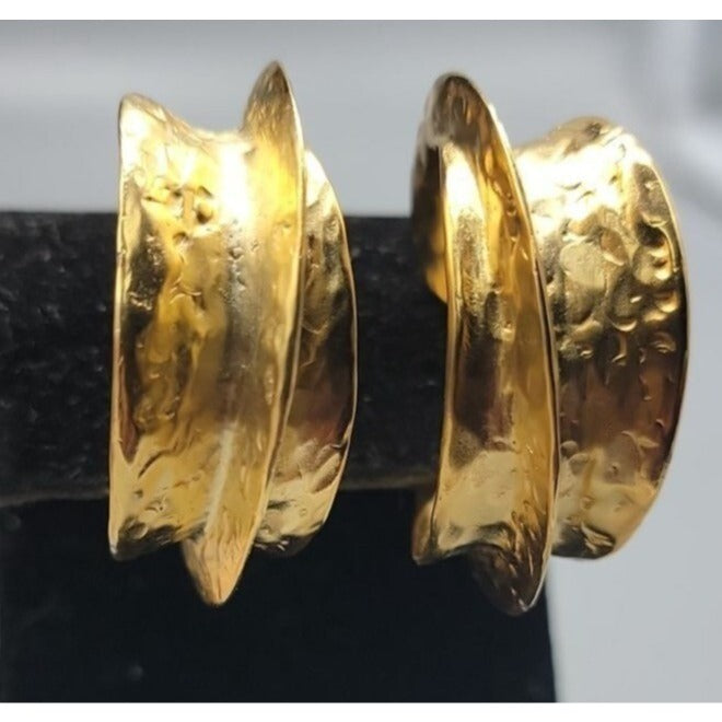 Kenneth Jay Lane Sculptured Brushed Gold Plated Hoop Clip-on Earrings KJL VTG