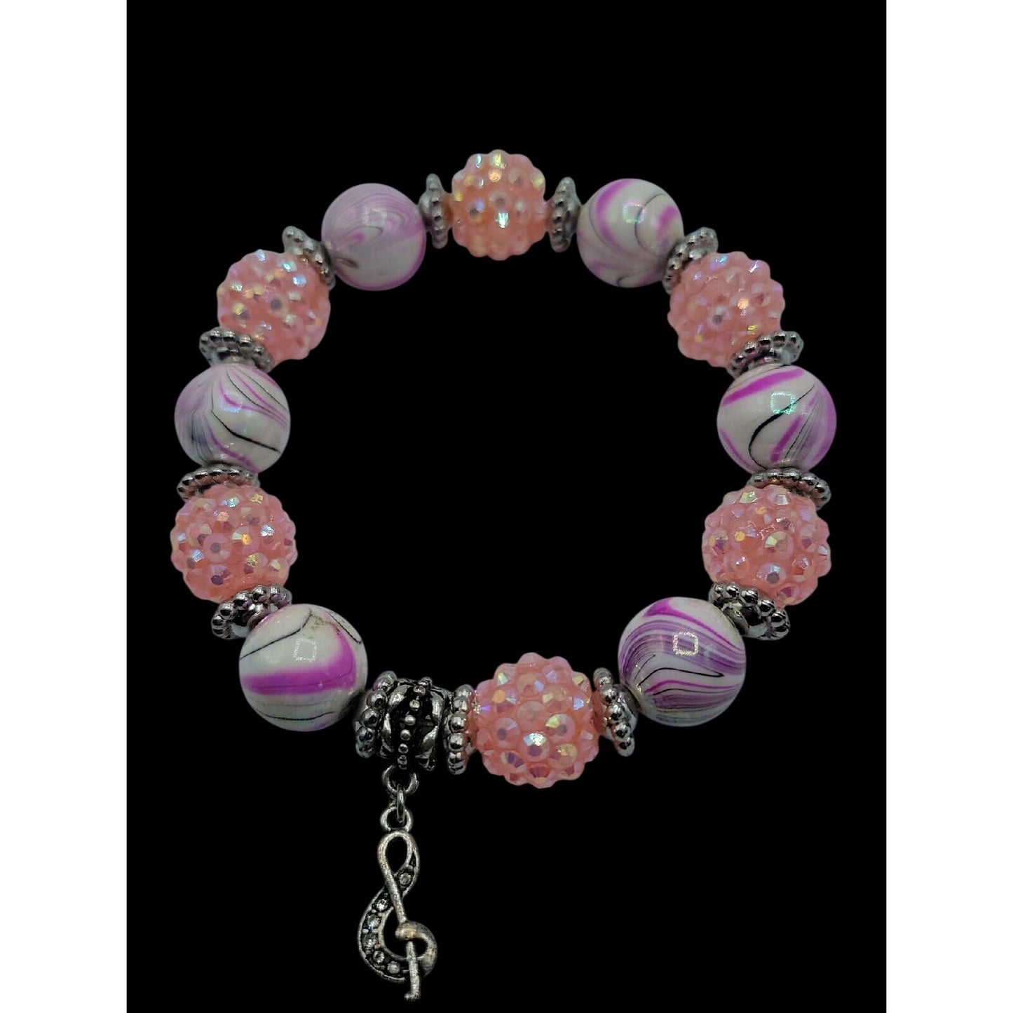 Pink & Purple w/Silver Tones Music Charm Bracelet Beautiful Beads with Sparkle