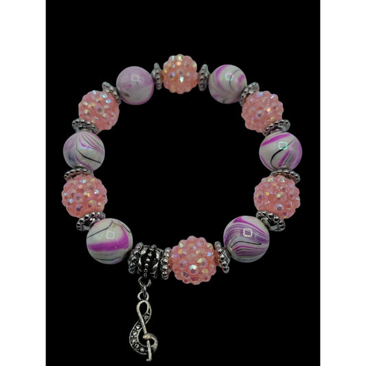 Pink & Purple w/Silver Tones Music Charm Bracelet Beautiful Beads with Sparkle
