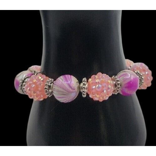 Pink & Purple w/Silver Tones Music Charm Bracelet Beautiful Beads with Sparkle
