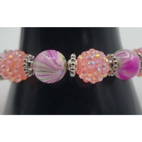 Pink & Purple w/Silver Tones Music Charm Bracelet Beautiful Beads with Sparkle