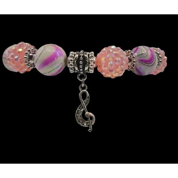 Pink & Purple w/Silver Tones Music Charm Bracelet Beautiful Beads with Sparkle