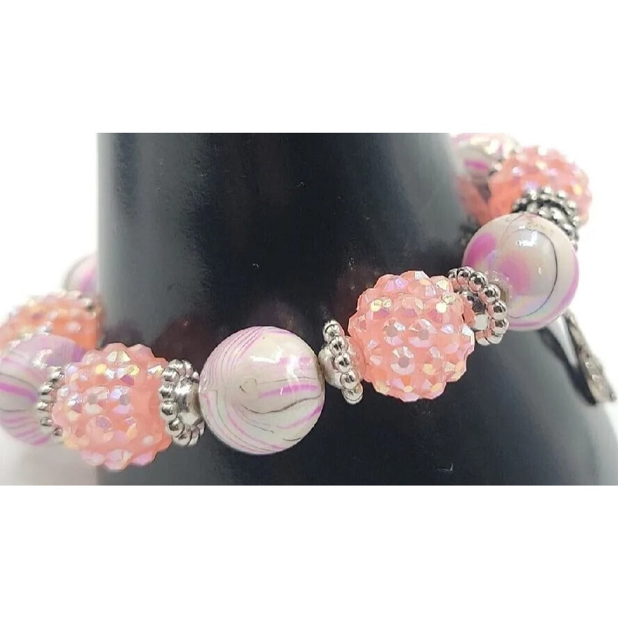Pink & Purple w/Silver Tones Music Charm Bracelet Beautiful Beads with Sparkle