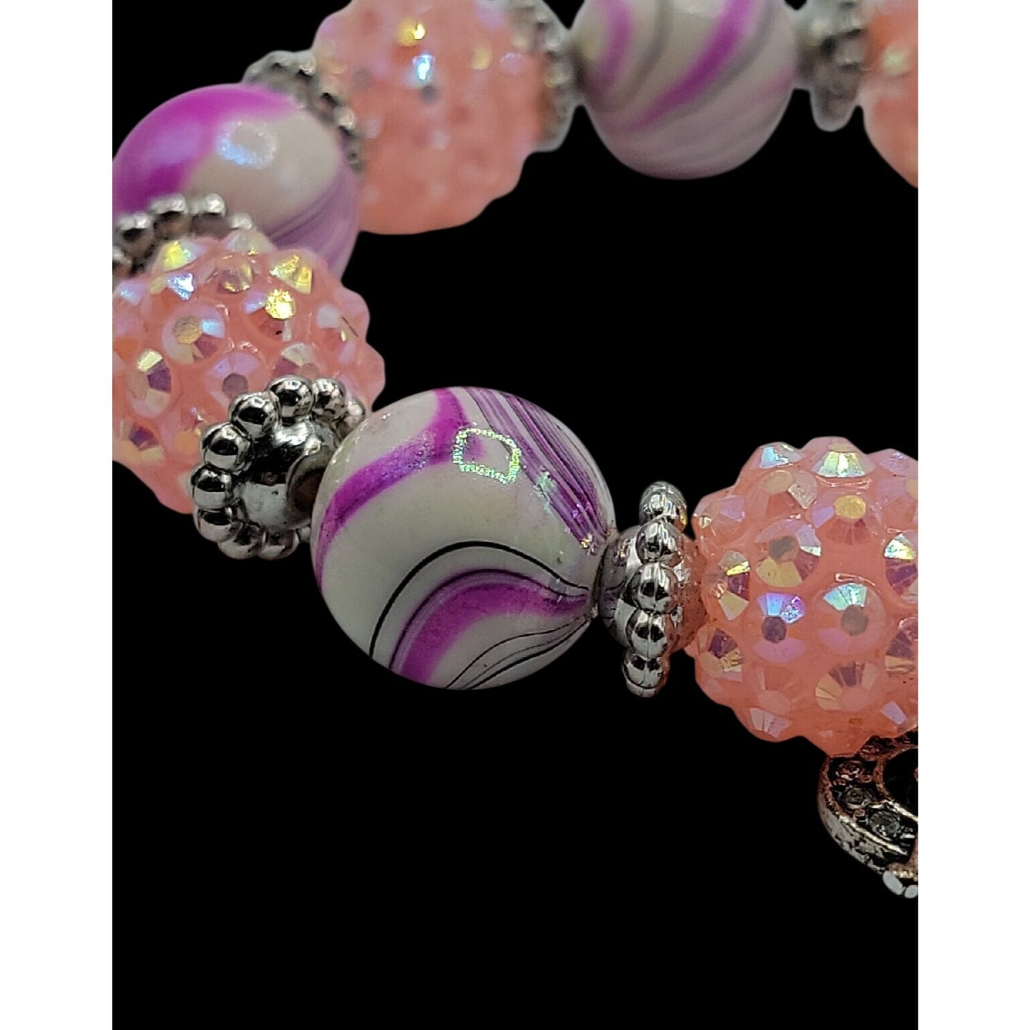 Pink & Purple w/Silver Tones Music Charm Bracelet Beautiful Beads with Sparkle