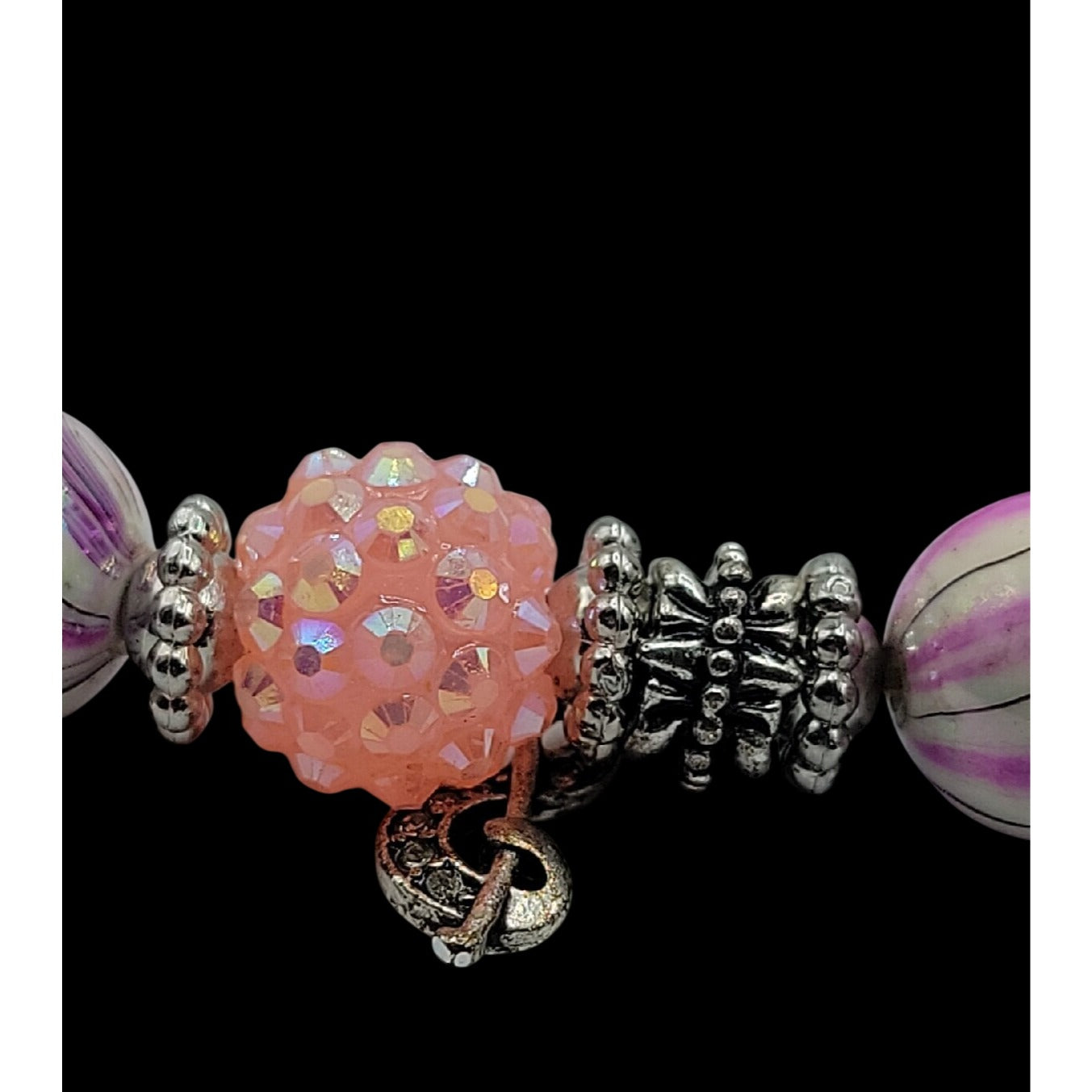 Pink & Purple w/Silver Tones Music Charm Bracelet Beautiful Beads with Sparkle