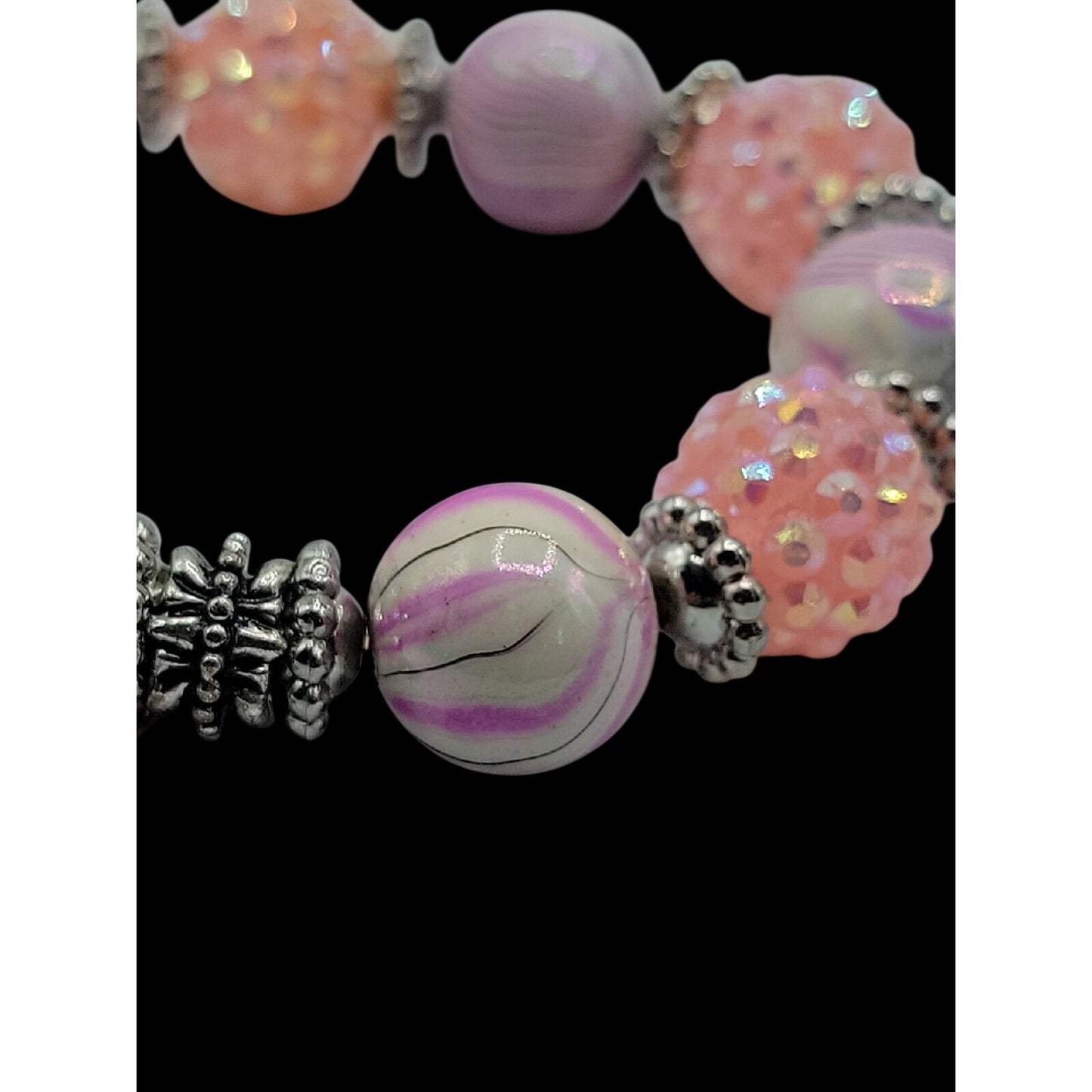 Pink & Purple w/Silver Tones Music Charm Bracelet Beautiful Beads with Sparkle