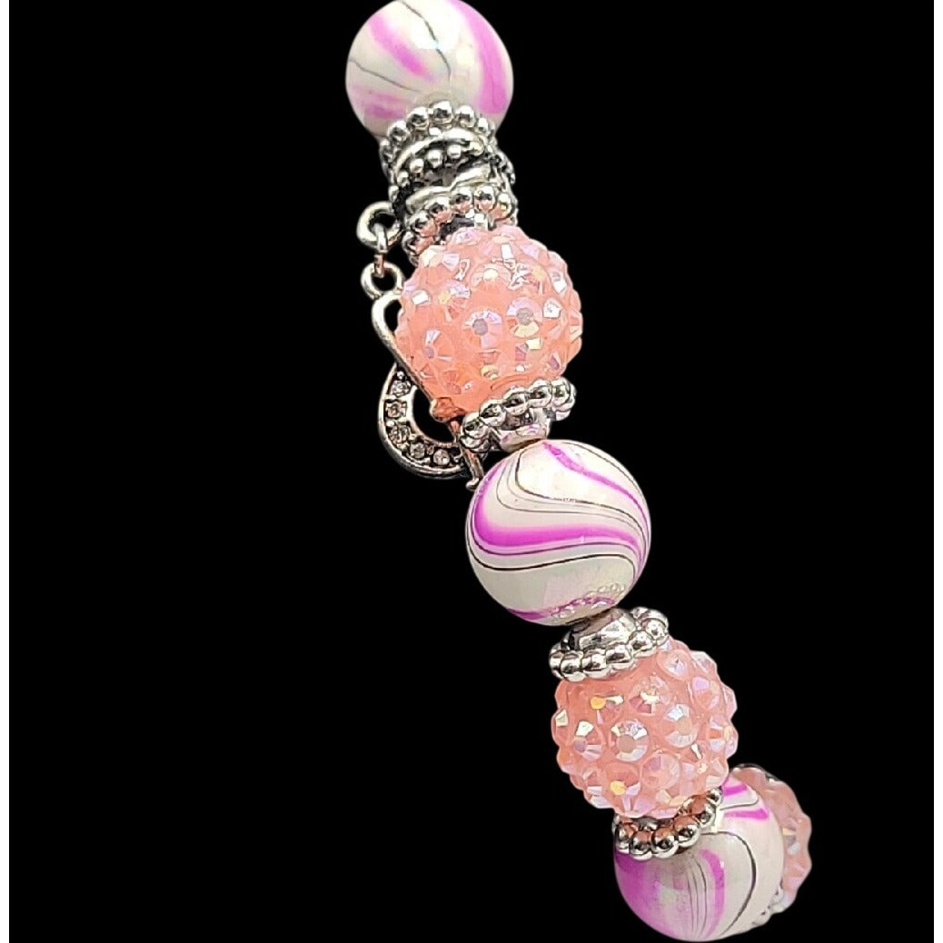 Pink & Purple w/Silver Tones Music Charm Bracelet Beautiful Beads with Sparkle