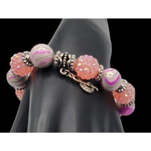 Pink & Purple w/Silver Tones Music Charm Bracelet Beautiful Beads with Sparkle