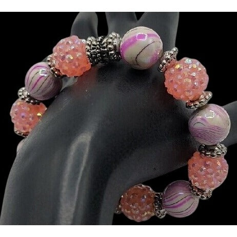 Pink & Purple w/Silver Tones Music Charm Bracelet Beautiful Beads with Sparkle
