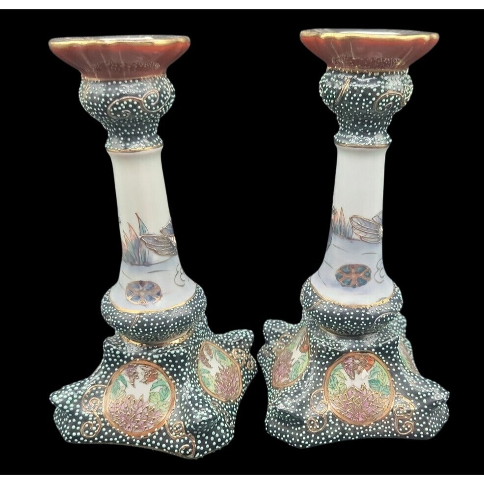 Vintage Satsuma Style Moriage Porcelain Candlesticks Pair Dragon Motif Chinese