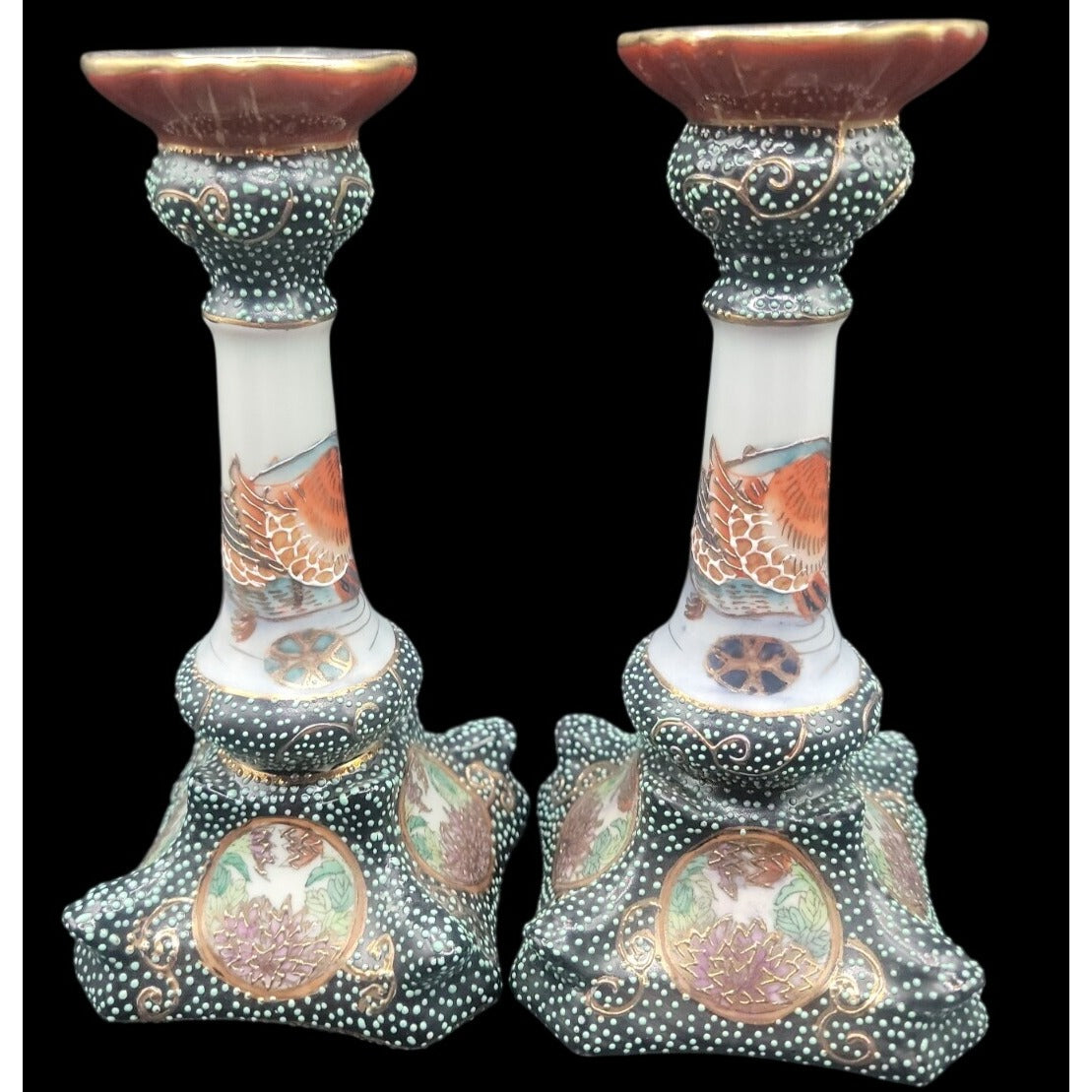 Vintage Satsuma Style Moriage Porcelain Candlesticks Pair Dragon Motif Chinese