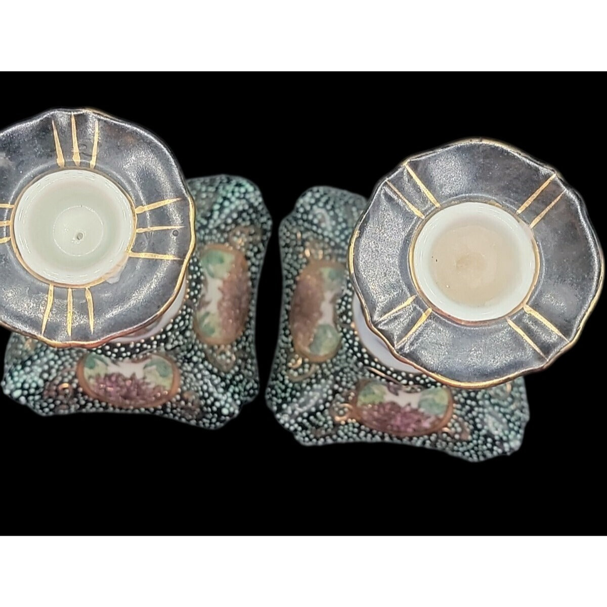 Vintage Satsuma Style Moriage Porcelain Candlesticks Pair Dragon Motif Chinese