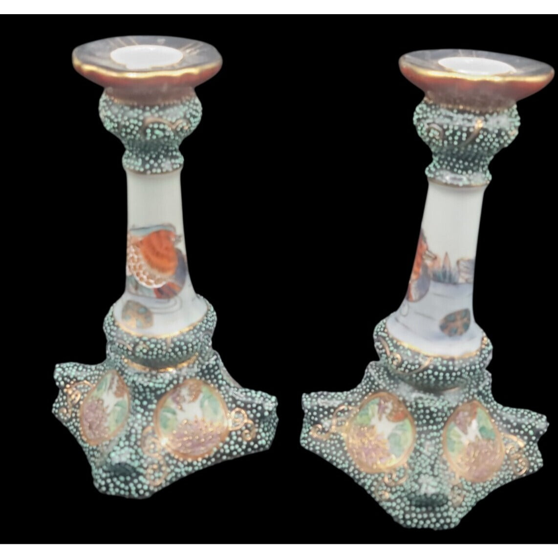 Vintage Satsuma Style Moriage Porcelain Candlesticks Pair Dragon Motif Chinese