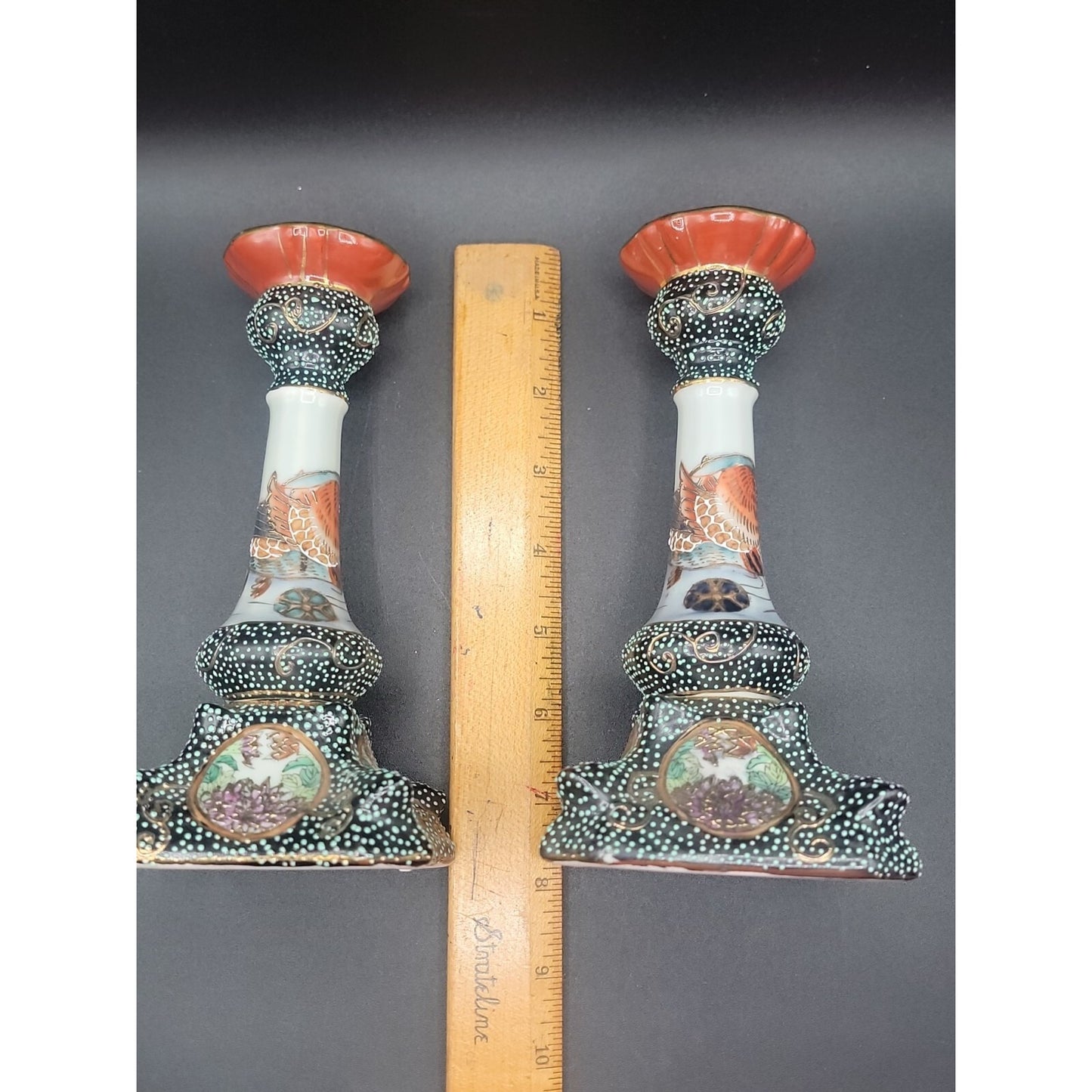 Vintage Satsuma Style Moriage Porcelain Candlesticks Pair Dragon Motif Chinese