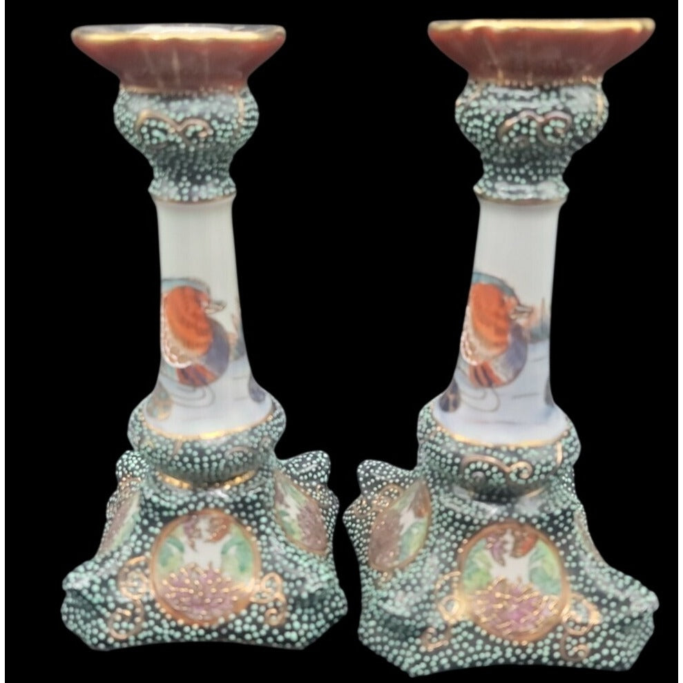 Vintage Satsuma Style Moriage Porcelain Candlesticks Pair Dragon Motif Chinese