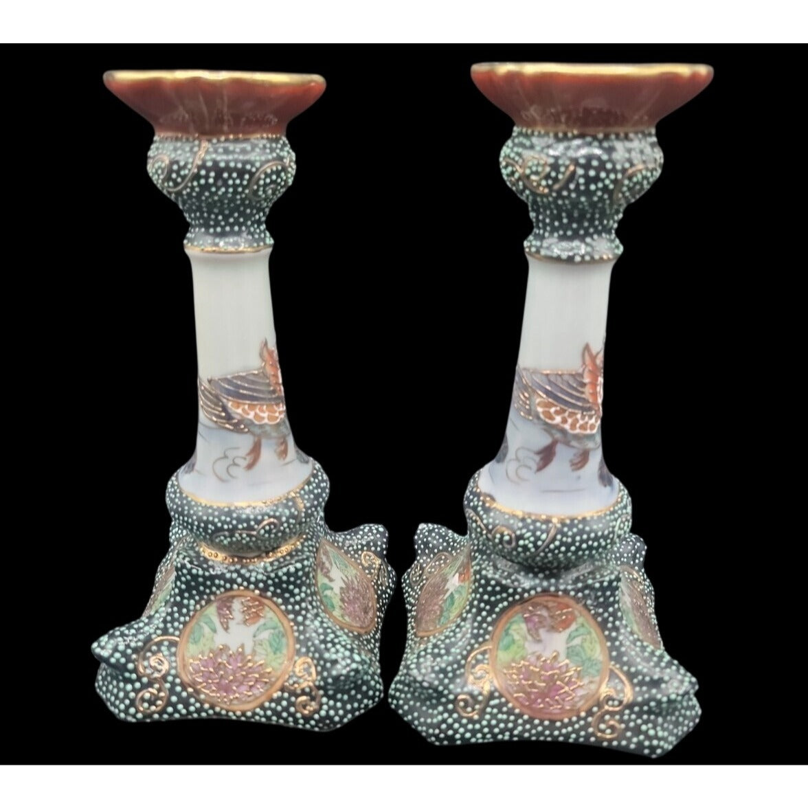 Vintage Satsuma Style Moriage Porcelain Candlesticks Pair Dragon Motif Chinese