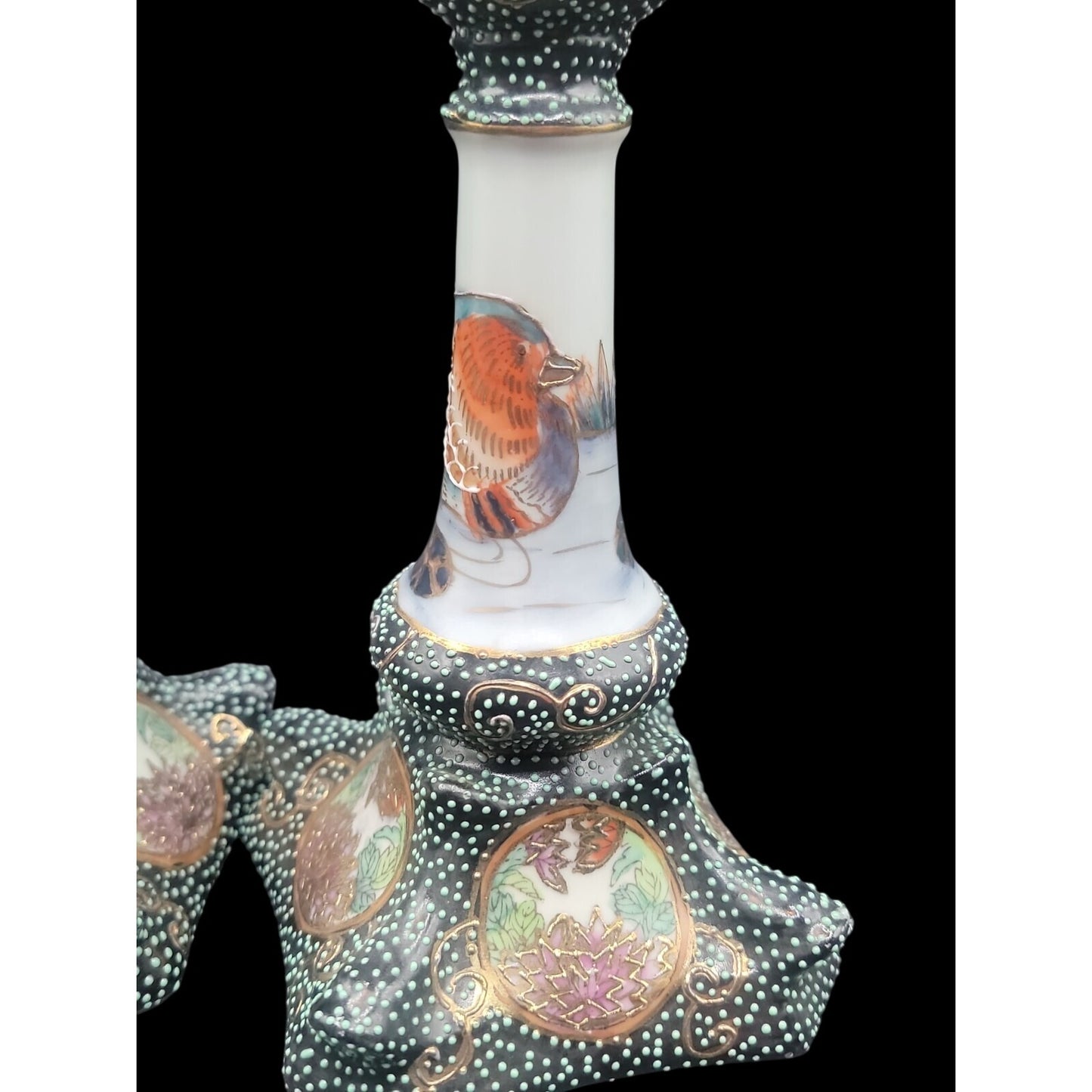Vintage Satsuma Style Moriage Porcelain Candlesticks Pair Dragon Motif Chinese