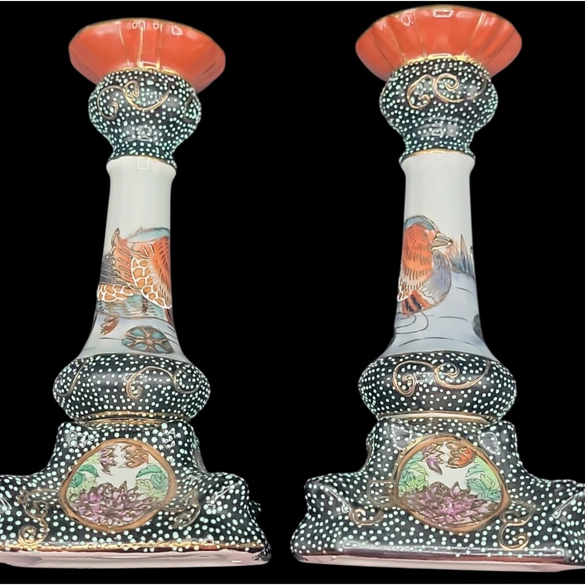 Vintage Satsuma Style Moriage Porcelain Candlesticks Pair Dragon Motif Chinese