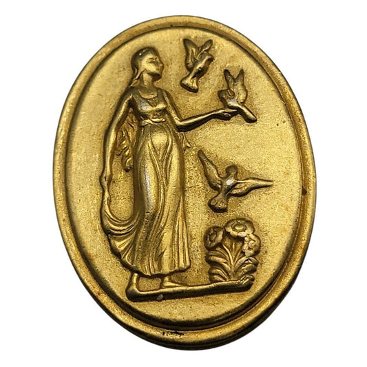 Helen of Troy Cameo Brooch Gold Plated Intaglio Signet Oval Greek Scene Vintage