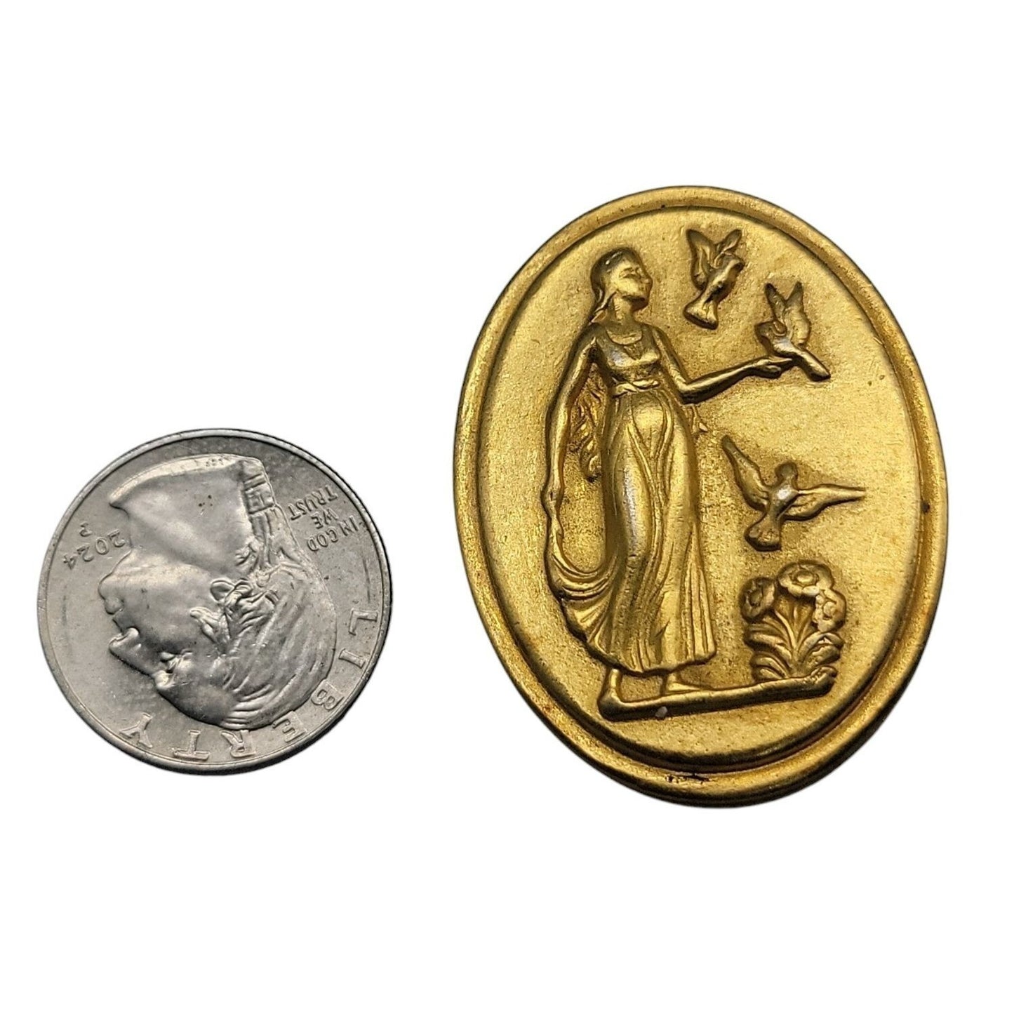Helen of Troy Cameo Brooch Gold Plated Intaglio Signet Oval Greek Scene Vintage