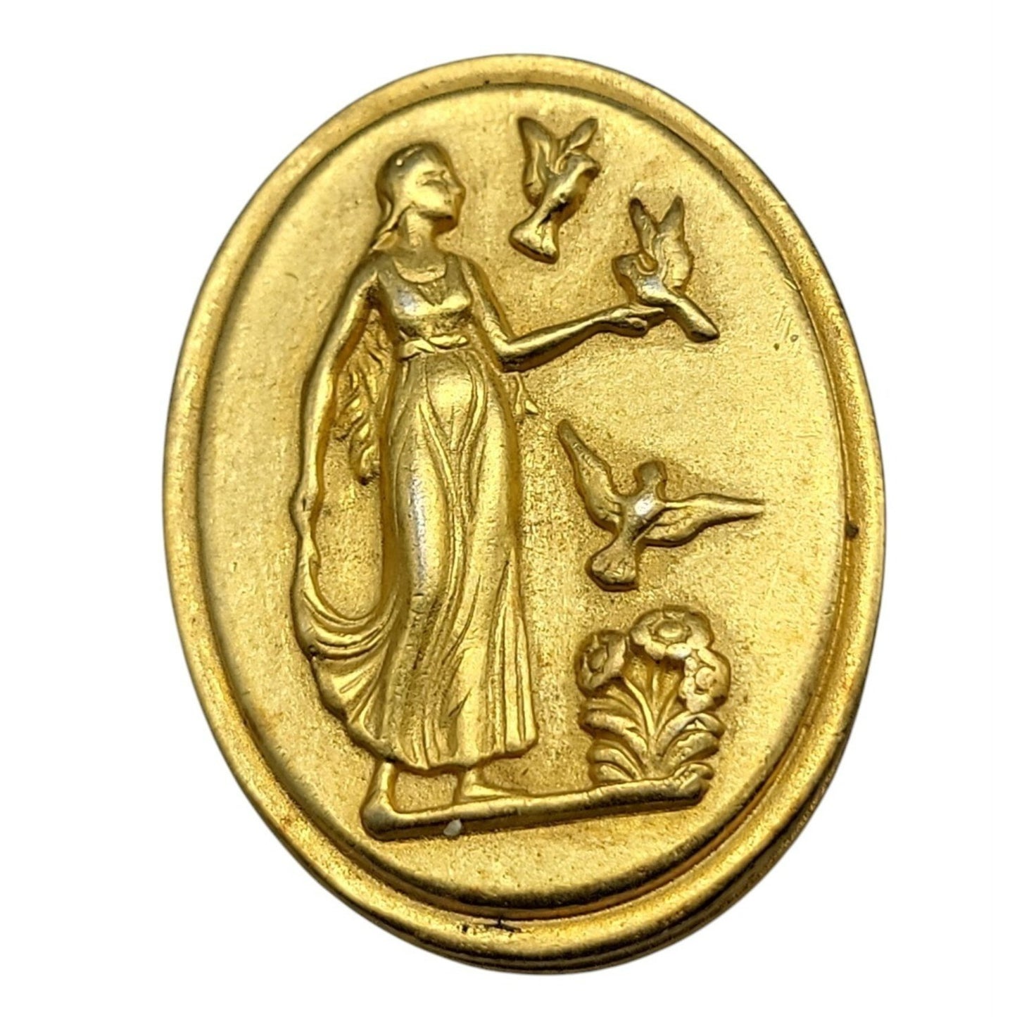 Helen of Troy Cameo Brooch Gold Plated Intaglio Signet Oval Greek Scene Vintage