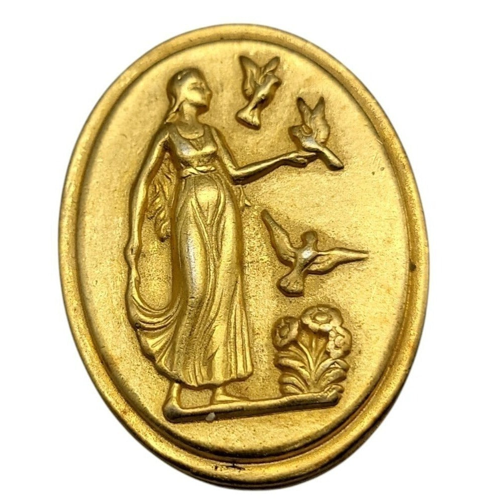 Helen of Troy Cameo Brooch Gold Plated Intaglio Signet Oval Greek Scene Vintage