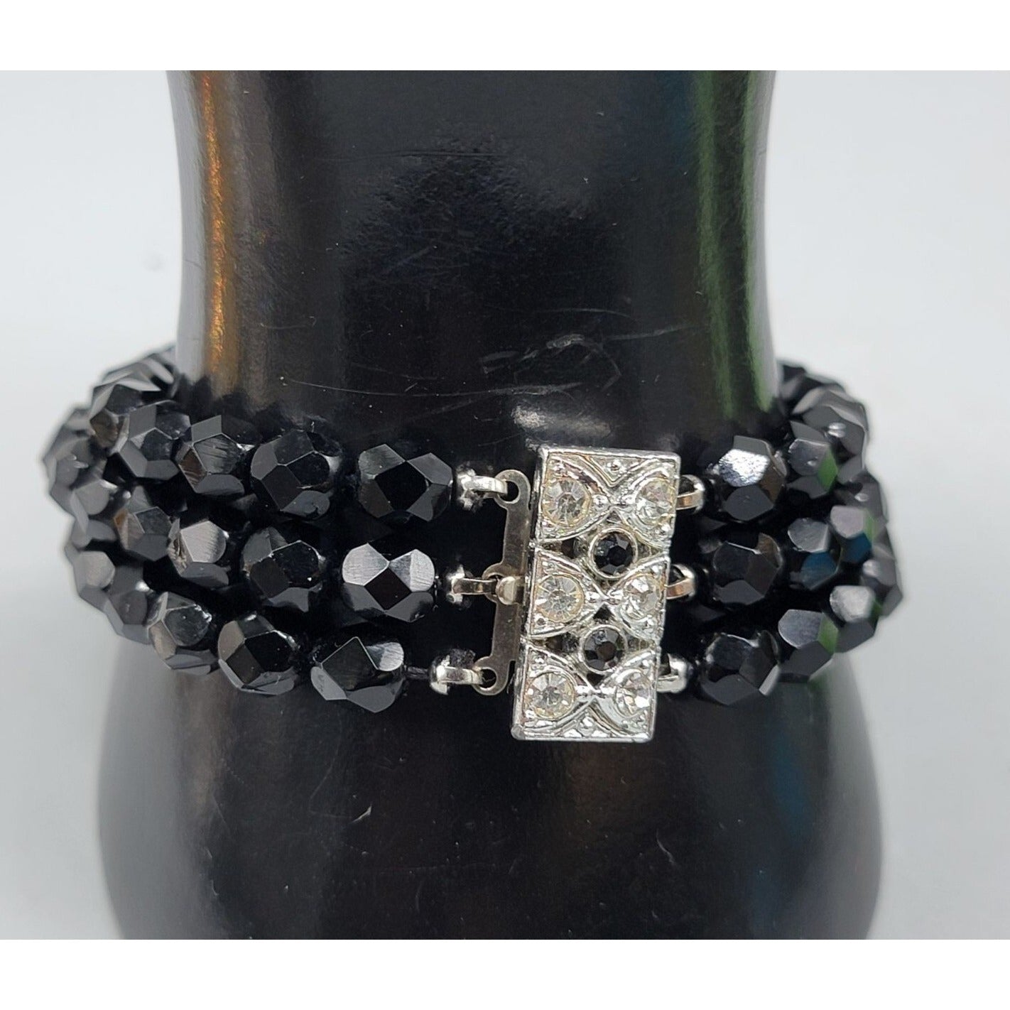Vintage French Jet Beaded Multistrand Bracelet Crystal Clasp 1930s Size 7.5