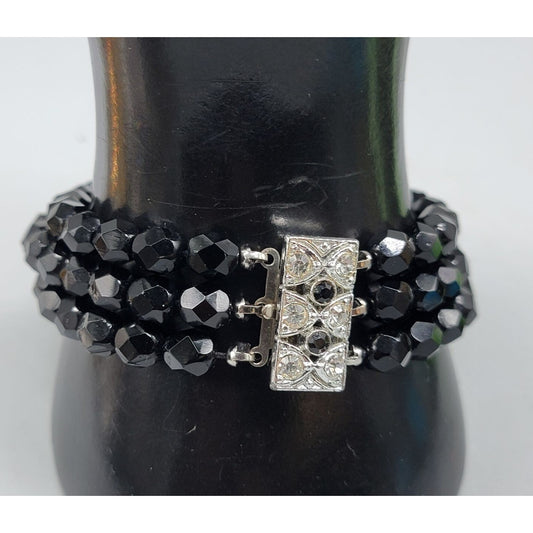Vintage French Jet Beaded Multistrand Bracelet Crystal Clasp 1930s Size 7.5