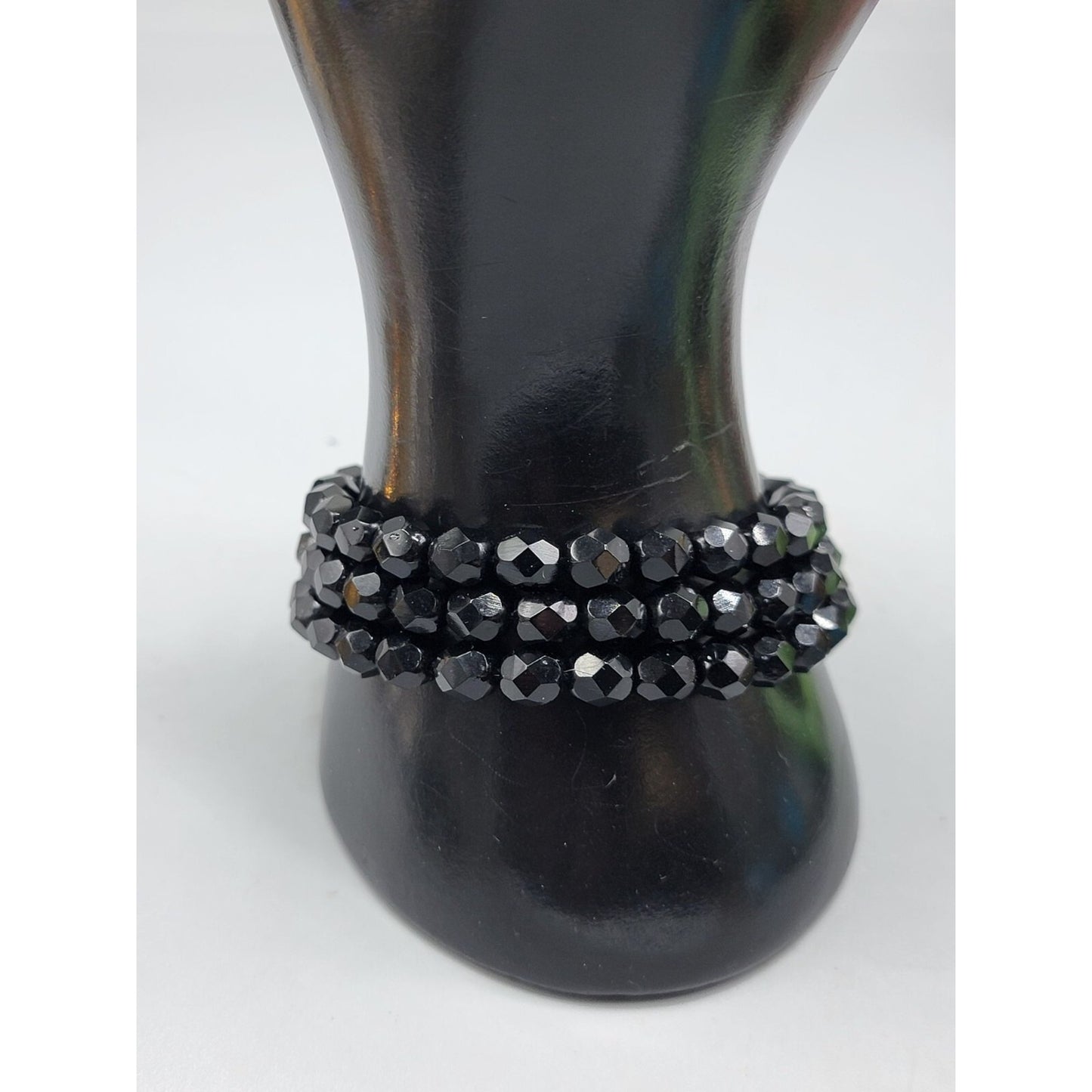 Vintage French Jet Beaded Multistrand Bracelet Crystal Clasp 1930s Size 7.5