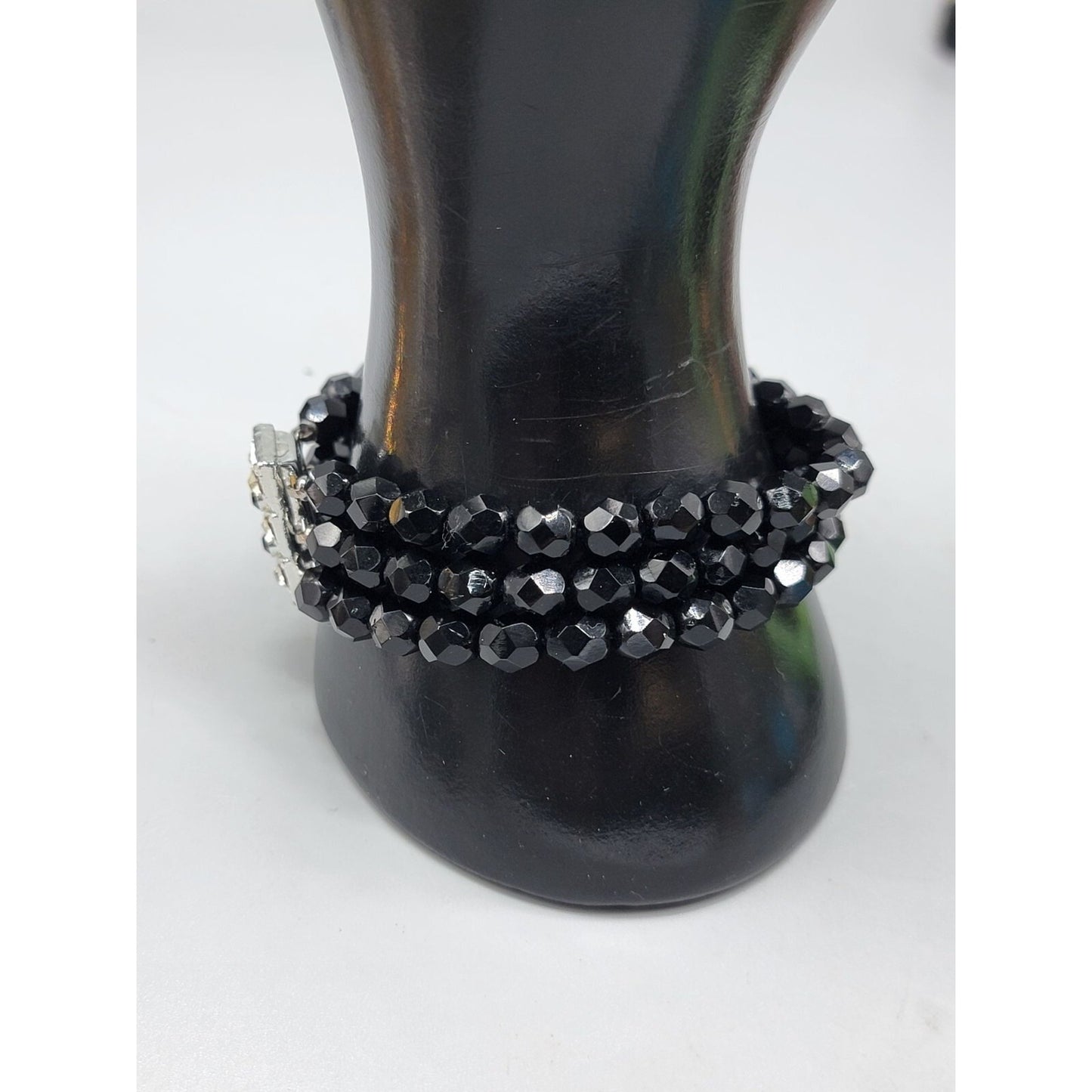Vintage French Jet Beaded Multistrand Bracelet Crystal Clasp 1930s Size 7.5