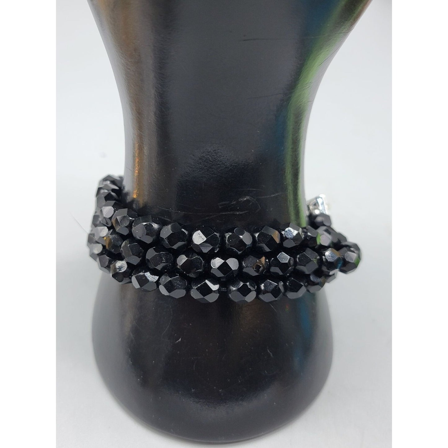 Vintage French Jet Beaded Multistrand Bracelet Crystal Clasp 1930s Size 7.5
