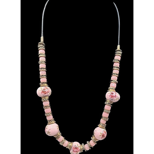 Glass Handpainted Floral Beaded Necklace Gold & Silver Tone Spacers 25" Leather
