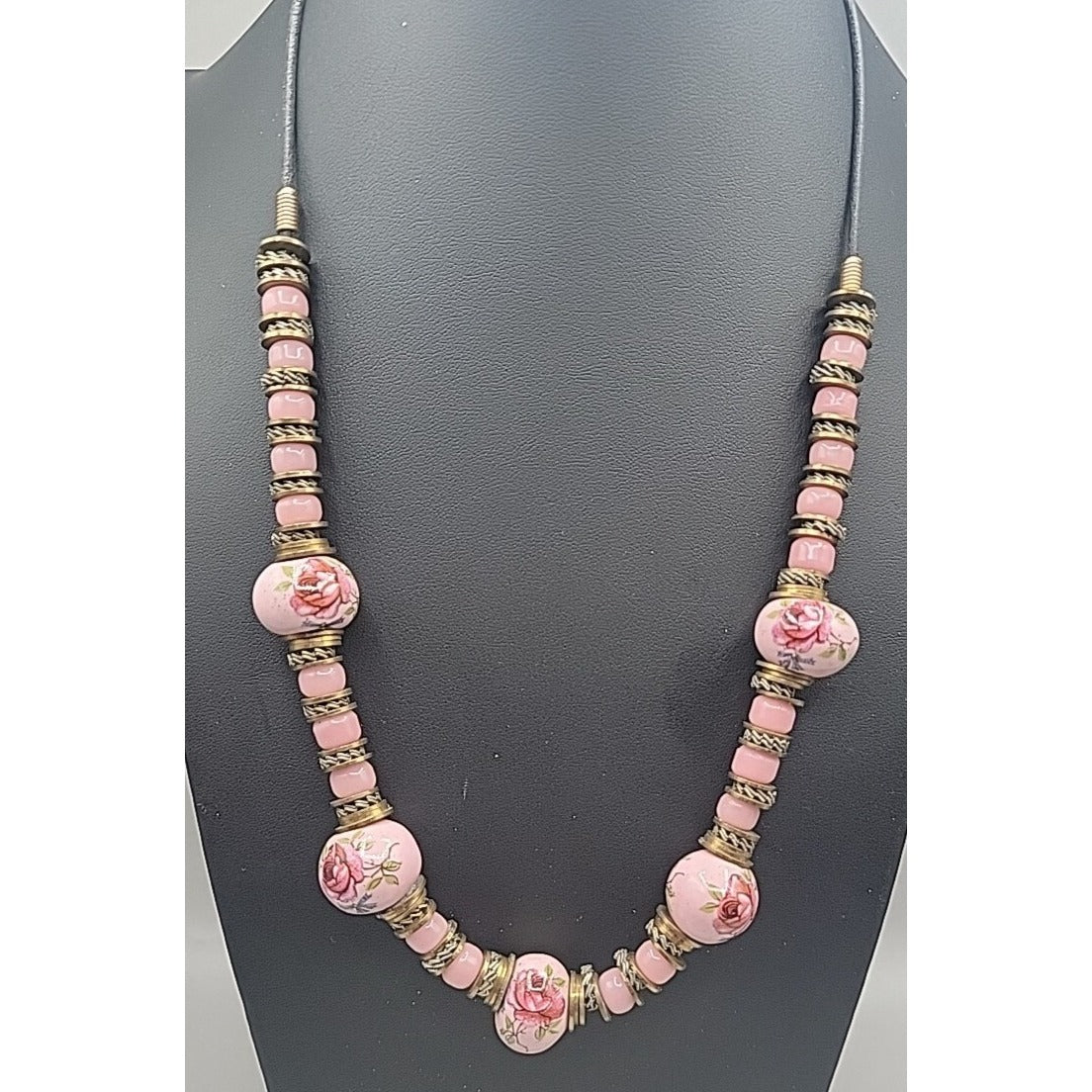 Glass Handpainted Floral Beaded Necklace Gold & Silver Tone Spacers 25" Leather