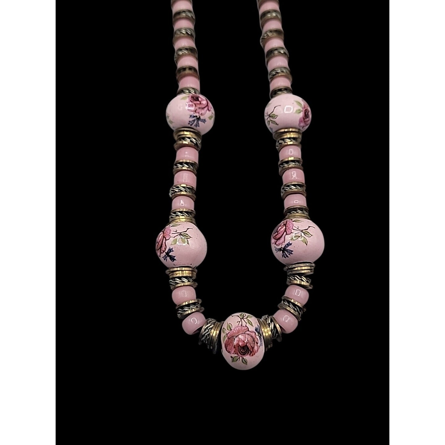 Glass Handpainted Floral Beaded Necklace Gold & Silver Tone Spacers 25" Leather