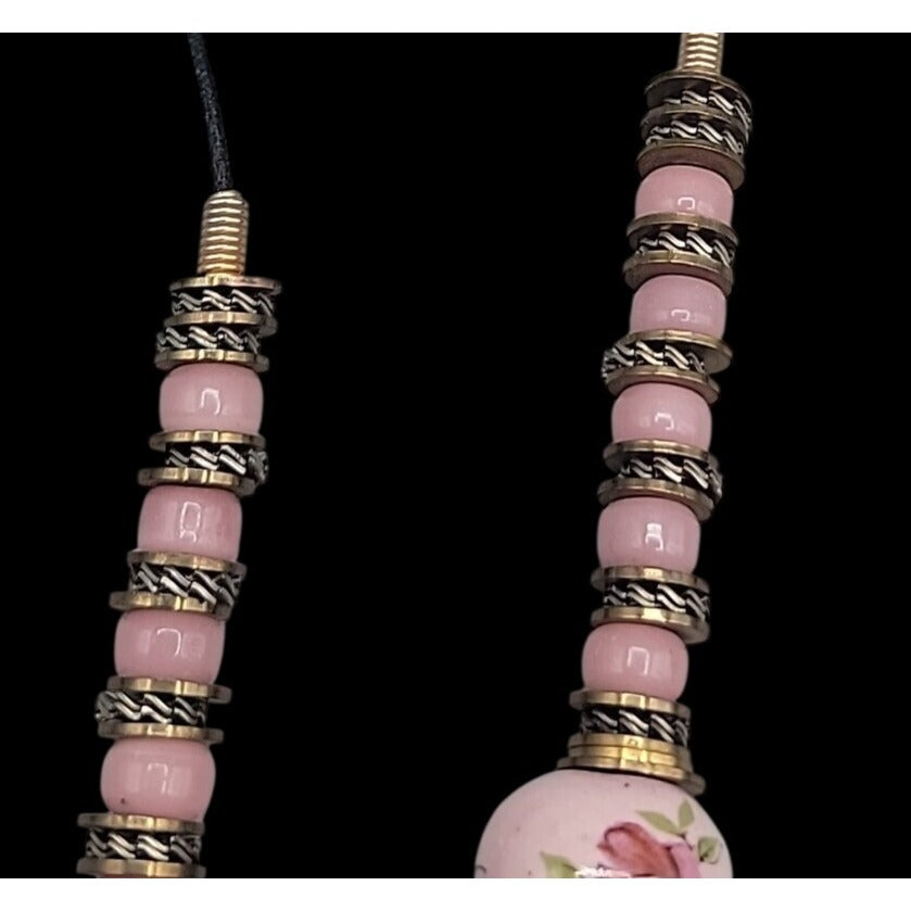Glass Handpainted Floral Beaded Necklace Gold & Silver Tone Spacers 25" Leather