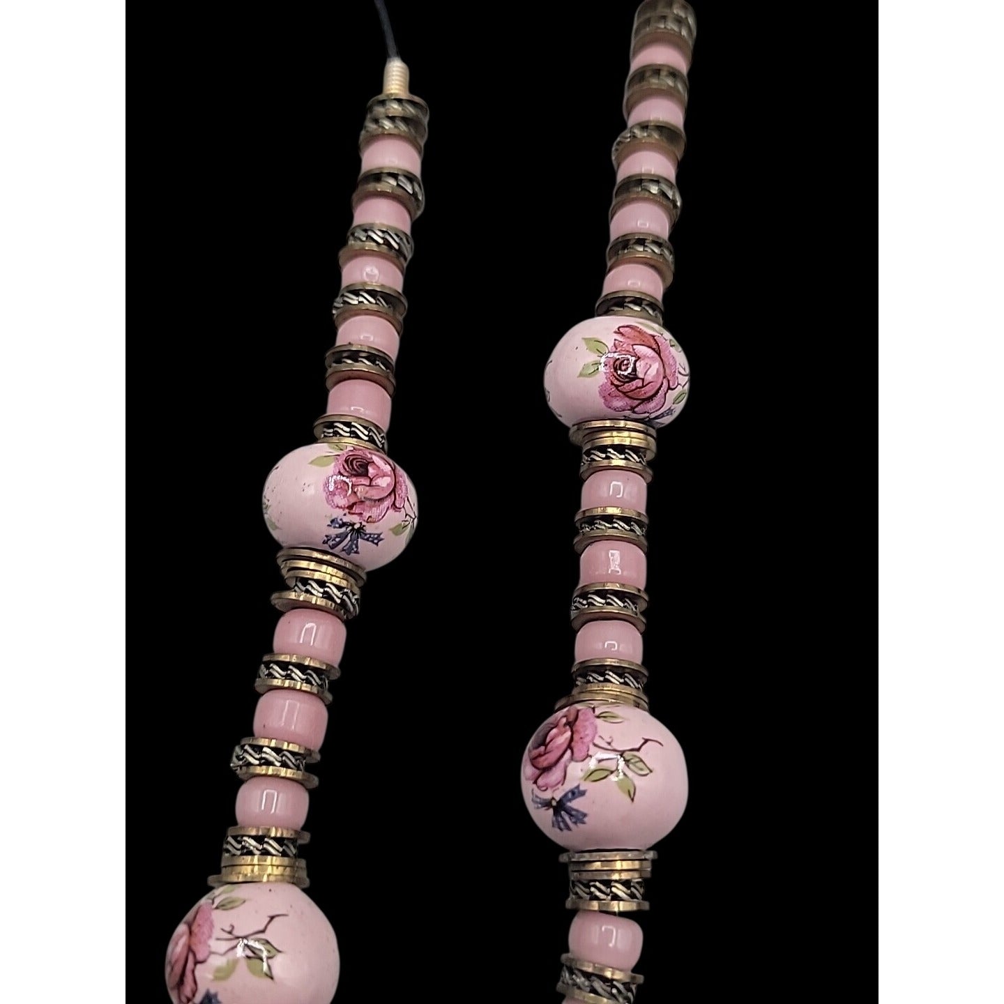Glass Handpainted Floral Beaded Necklace Gold & Silver Tone Spacers 25" Leather