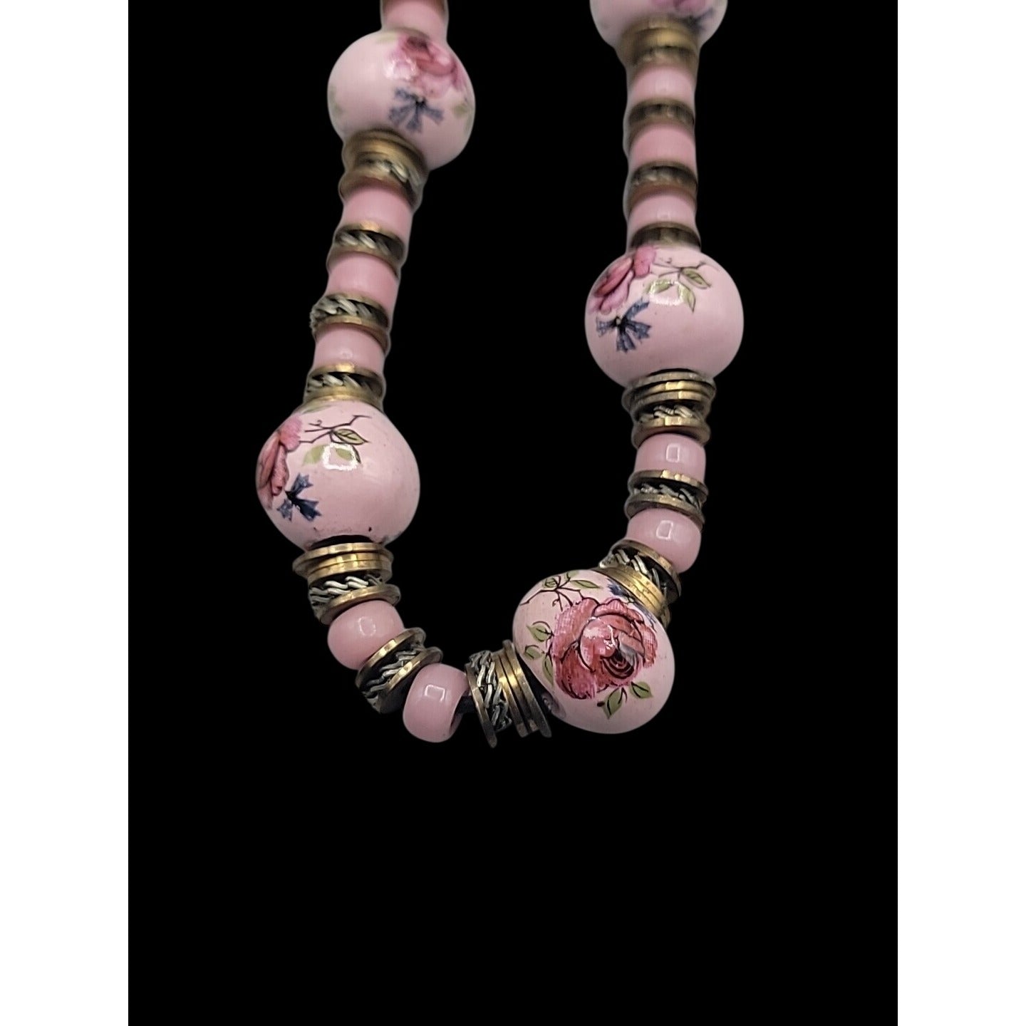Glass Handpainted Floral Beaded Necklace Gold & Silver Tone Spacers 25" Leather