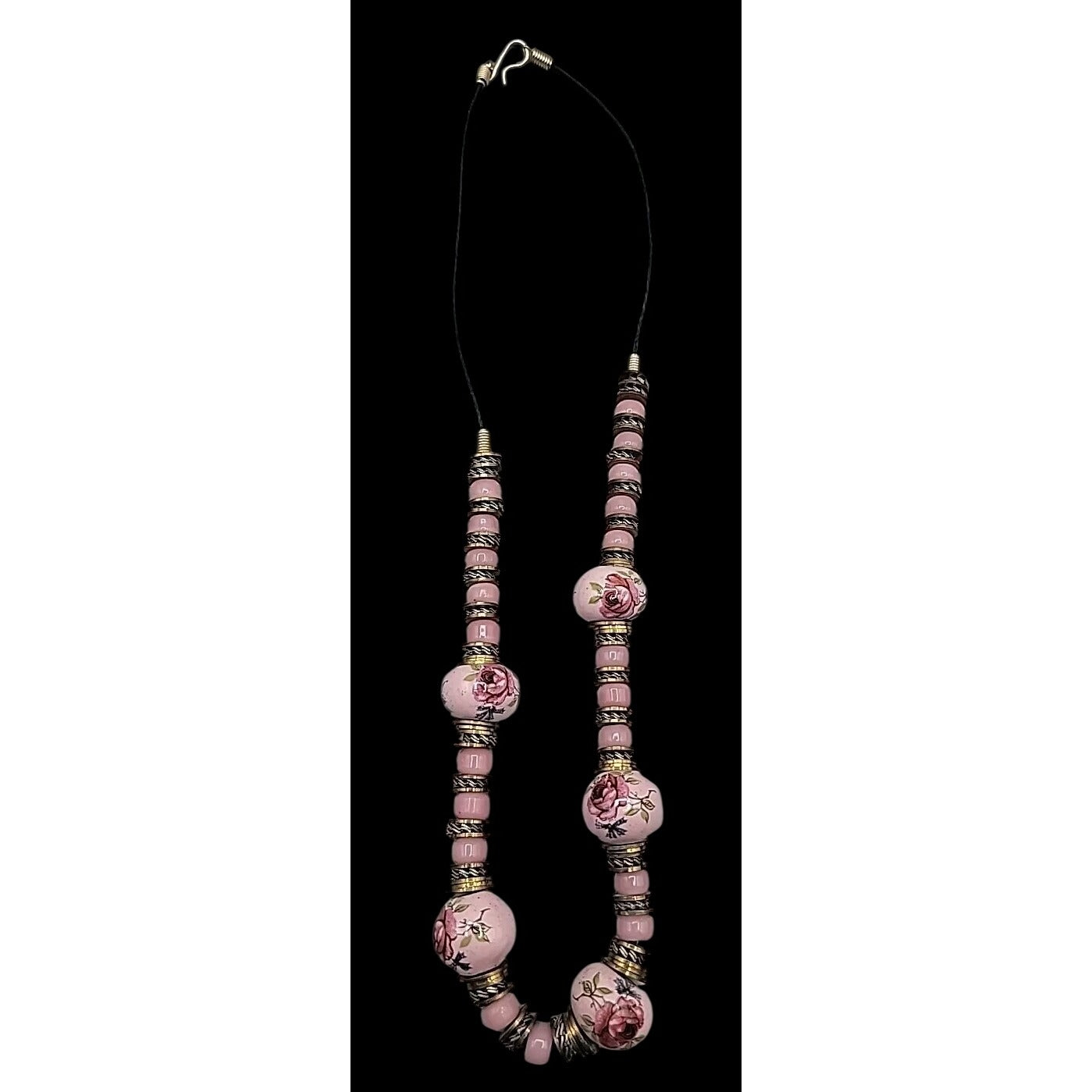 Glass Handpainted Floral Beaded Necklace Gold & Silver Tone Spacers 25" Leather