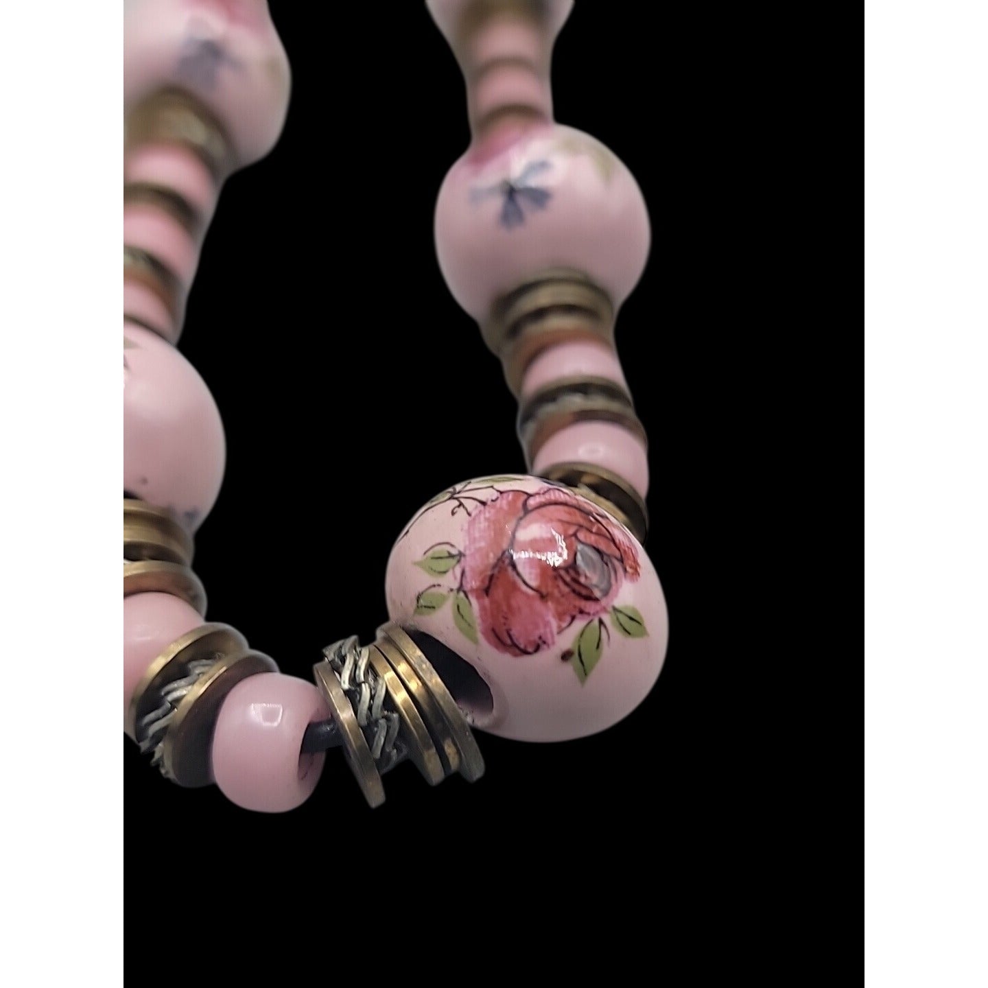 Glass Handpainted Floral Beaded Necklace Gold & Silver Tone Spacers 25" Leather