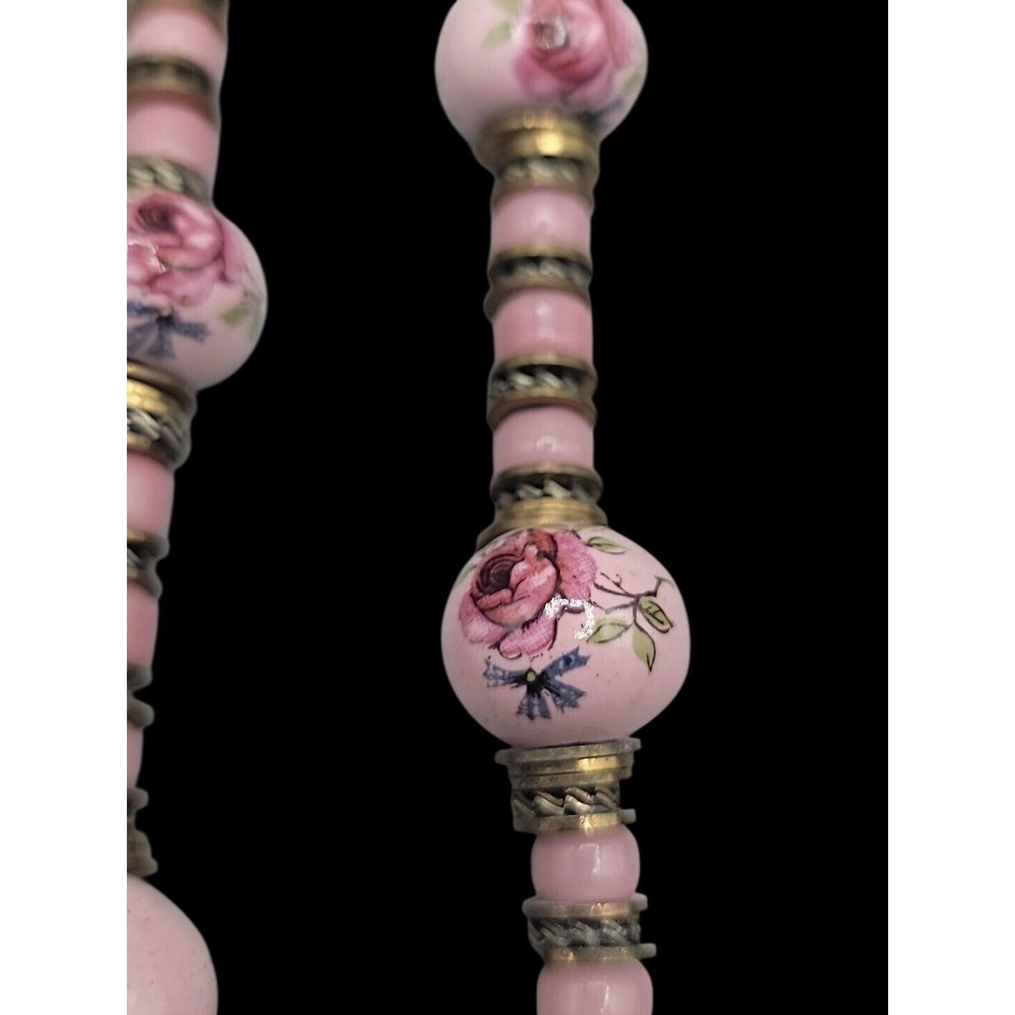 Glass Handpainted Floral Beaded Necklace Gold & Silver Tone Spacers 25" Leather