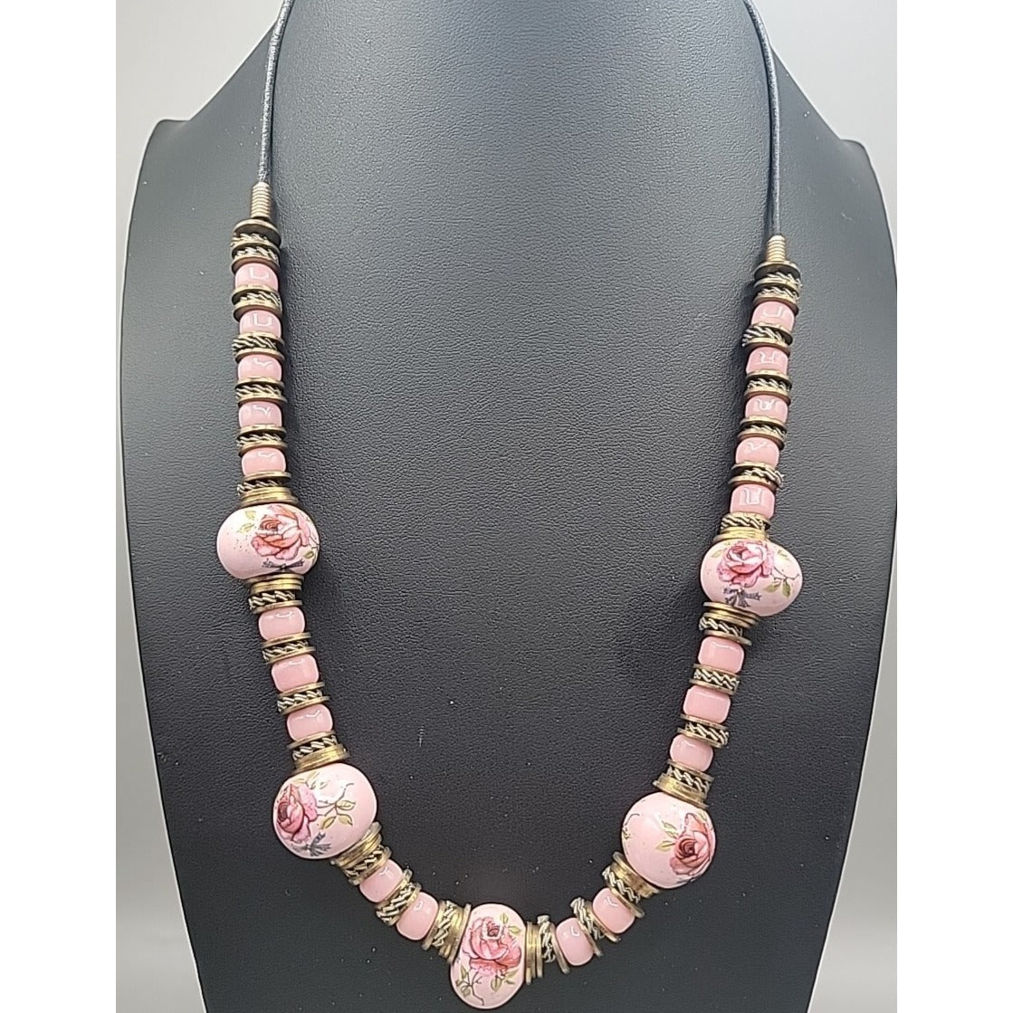 Glass Handpainted Floral Beaded Necklace Gold & Silver Tone Spacers 25" Leather