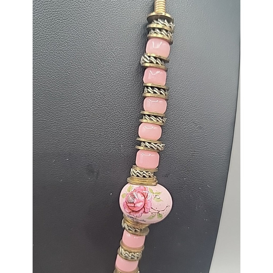 Glass Handpainted Floral Beaded Necklace Gold & Silver Tone Spacers 25" Leather