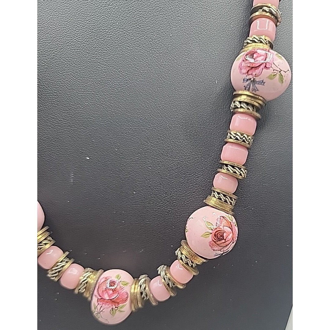 Glass Handpainted Floral Beaded Necklace Gold & Silver Tone Spacers 25" Leather