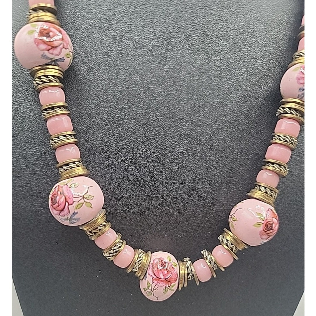 Glass Handpainted Floral Beaded Necklace Gold & Silver Tone Spacers 25" Leather